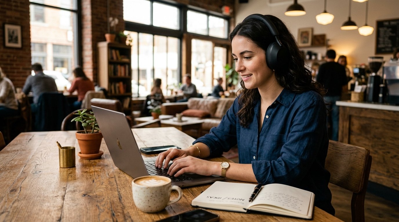 Writer at coffee shop using typewriter acoustic sounds on MacBook