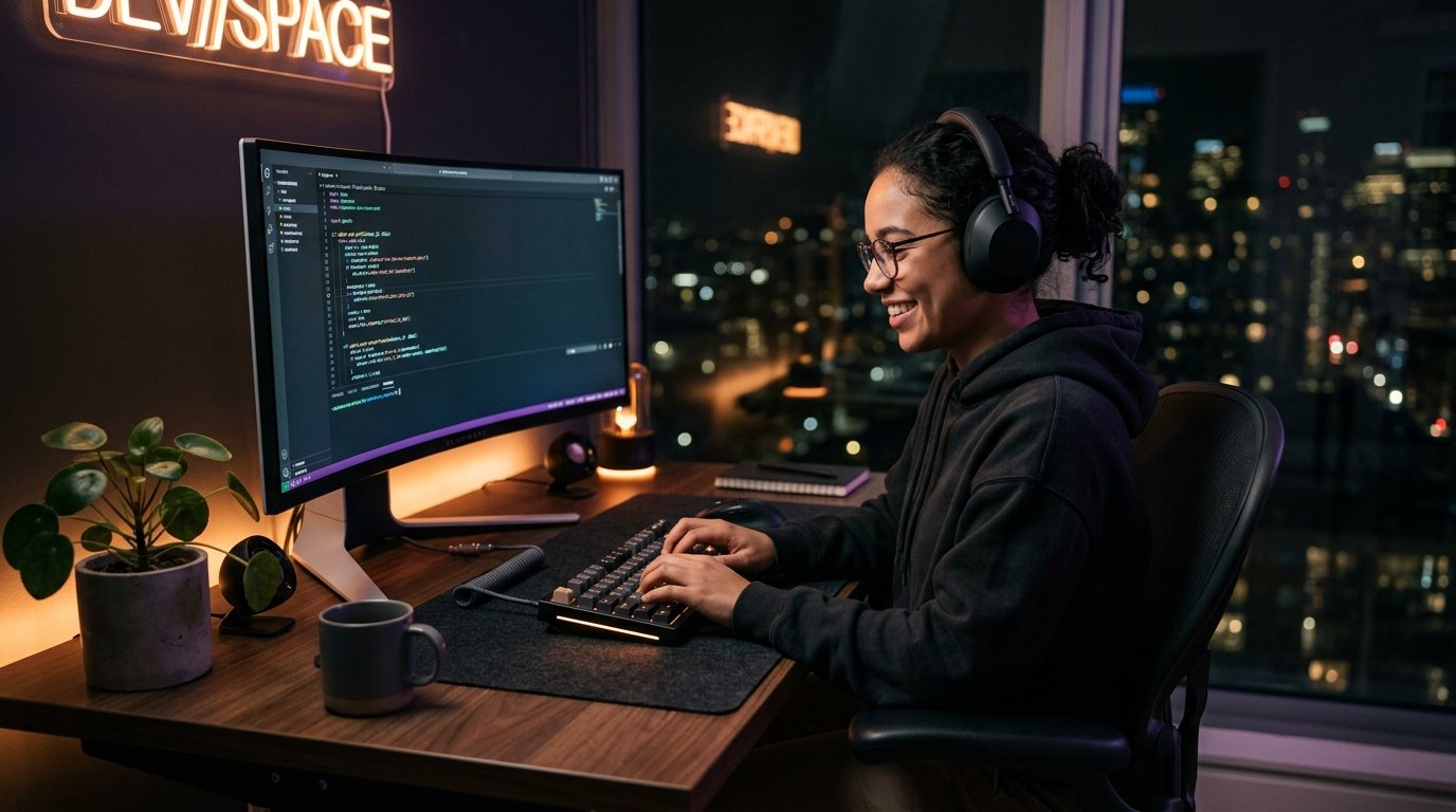 Developer at coding workstation with mechanical keyboard audio